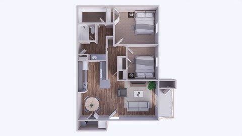 A top-down view of a small apartment with a kitchen, living room, and bathroom.